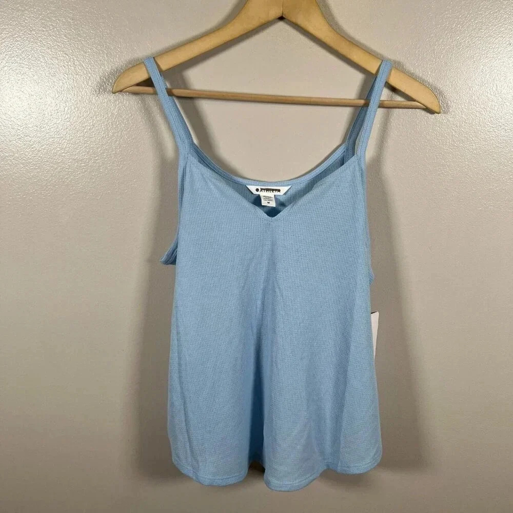 Athleta Wind Down Sleep Cami Top Size Medium Blue Waffle Knit Lounge Comfy